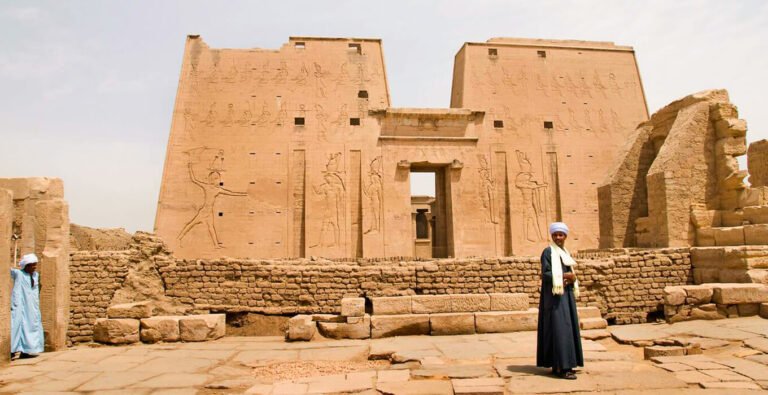 edfu-temple-nile-river-tourist-attraction Edfu Temple by the Nile River, a popular tourist attraction in Egypt.