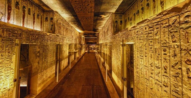 Burial chamber of Ramses III in the Valley of the Kings, Egypt, showcasing ancient Egyptian architecture.