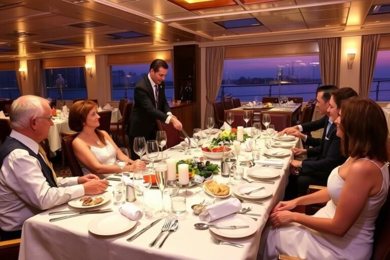 Gourmet dining experience on an all-inclusive Nile cruise with professional service, international and Egyptian cuisine, and spectacular riverside views